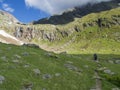 Man hiker with heavy backpack at Stubai hiking trail, Stubai Hohenweg at green summer alpine mountain valley with Royalty Free Stock Photo