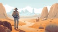 journey man landscape backpack travel hike hiking trek desert adventure walking. Generative AI.