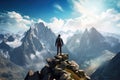 Man hiker standing on top of mountain and looking at beautiful landscape, AI Generated Royalty Free Stock Photo