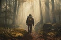 Man hiker walking into the bright rays of light in a misty forest to meet the sun, adventure seeking, active lifestyle Royalty Free Stock Photo