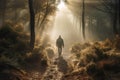 Man hiker walking into the bright rays of light in a misty forest to meet the sun, adventure seeking, generated ai Royalty Free Stock Photo