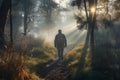 Man hiker walking into the bright rays of light in a misty forest to meet the sun, searching for the unknown, generated ai Royalty Free Stock Photo