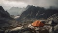 Man hikes mountain range, sets up tent for outdoor adventure generated by AI