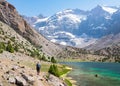 Man hiking around the Kulikalon lakes in Fann mountains, Tajikistan