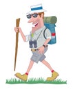 Man Hiking With Backpack Carrying A Walking Stick And Binoculars