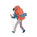 Man with hiking backpack and trekking sticks walking with his back. Young guy explorer or traveller in sportswear