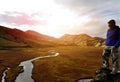 Man hiking at Landmannalaugar colorful mountains in Iceland Royalty Free Stock Photo