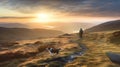 Man hiking on mountain as the sun rises with dog Royalty Free Stock Photo