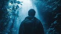 Man hiking through mystical forest light beam Royalty Free Stock Photo