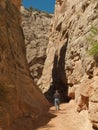 Man hiking in narrow desert canyon