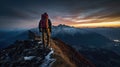 Man hiking at sunset mountains with backpack Travel Lifestyle wanderlust adventure concept summer vacations outdoors alone into Royalty Free Stock Photo