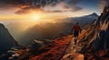 Man hiking at sunset mountains with heavy backpack Travel Lifestyle wanderlust adventure concept summer vacations outdoor alone Royalty Free Stock Photo