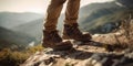 Man hiking up mountain trail close-up of leather hiking boots. Generative AI