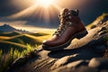 Man hiking up mountain trail close-up of leather hiking boot Royalty Free Stock Photo