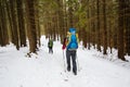 Man is hiking in winter forest on cloudy day Royalty Free Stock Photo