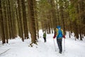 Man is hiking in winter forest on cloudy day Royalty Free Stock Photo