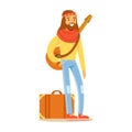 Man Hippie Dressed In Classic Woodstock Sixties Hippy Subculture Clothes Traveling With Guitar And Suitcase