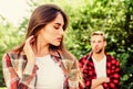 Man hipster falling in love pretty girl. Casual meeting. Love from first sight. If woman knows you like her how will she Royalty Free Stock Photo