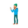 man hipster smiling and sending funny message to girlfriend cartoon vector