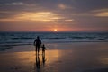 A man and his baby son holding hands and watching the sunset on the beach Royalty Free Stock Photo