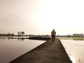 A man on his bicycle is walking down the road in the rice fields Royalty Free Stock Photo