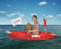 Man with his cat in a red kayak Royalty Free Stock Photo