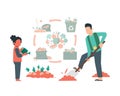 Man and his child working with shovel in gardening and farming. Sustainable life concept illustration in flat design