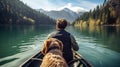 Man and Dog Enjoying a Serene Boat Ride Royalty Free Stock Photo