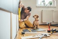 Man and his dog doing renovation work at home Royalty Free Stock Photo