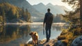 A man and his dog exploring a tranquil lakeside trail Royalty Free Stock Photo