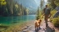 A man and his dog exploring a tranquil lakeside trail, the dog excitedly leading the way Royalty Free Stock Photo