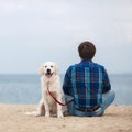 Man with his dog at the summer beach sitting back to camera Royalty Free Stock Photo