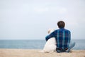 Man with his dog at the summer beach sitting back to camera Royalty Free Stock Photo