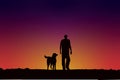 Man and his dog walking at sunset illustration Royalty Free Stock Photo