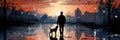 A man and his dog walking in the rain at sunset, AI Royalty Free Stock Photo