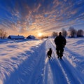 A man and his dog walking in the snow at sunset Royalty Free Stock Photo