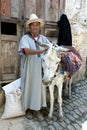 A man with his donkey waiting for a load of goods to transport in the Fez medina, Morocco.