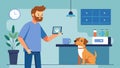 A man in his kitchen using a pet health monitor device to check his dogs temperature while in a video call with the vet