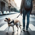 A man and his loyal blind dog with a blindfold enjoying a walk on a bustling city street, with the backdrop of urban Royalty Free Stock Photo