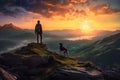 Man and his loyal dog standing on top of a mountain, bathed in the warm glow of a breathtaking sunset. Ai generated Royalty Free Stock Photo