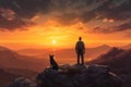 Man and his loyal dog standing on top of a mountain, bathed in the warm glow of a breathtaking sunset. Ai generated Royalty Free Stock Photo