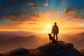 Man and his loyal dog standing on top of a mountain, bathed in the warm glow of a breathtaking sunset. Ai generated Royalty Free Stock Photo