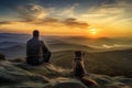 Man and his loyal dog standing on top of a mountain, bathed in the warm glow of a breathtaking sunset. Ai generated Royalty Free Stock Photo