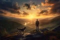 Man and his loyal dog standing on top of a mountain, bathed in the warm glow of a breathtaking sunset. Ai generated Royalty Free Stock Photo