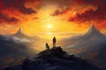 Man and his loyal dog standing on top of a mountain, bathed in the warm glow of a breathtaking sunset. Ai generated Royalty Free Stock Photo