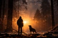 A man and his pet dog walking though a snowy forest on sunny winter day. Adventurous young man and his dog on a walk. Hiking and