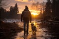 A man and his pet dog walking though a snowy forest on sunny winter day. Adventurous young man and his dog on a walk. Hiking and