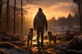 A man and his pet dogs walking though a snowy forest on sunny winter day. Adventurous young man and his dogs on a walk. Hiking and