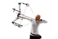 Man in his 40s, archery athlete with bow and arrow aiming at archery target isolated over white studio background Royalty Free Stock Photo