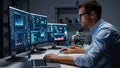 30s is focused on multiple computer monitors displaying data analytics Royalty Free Stock Photo